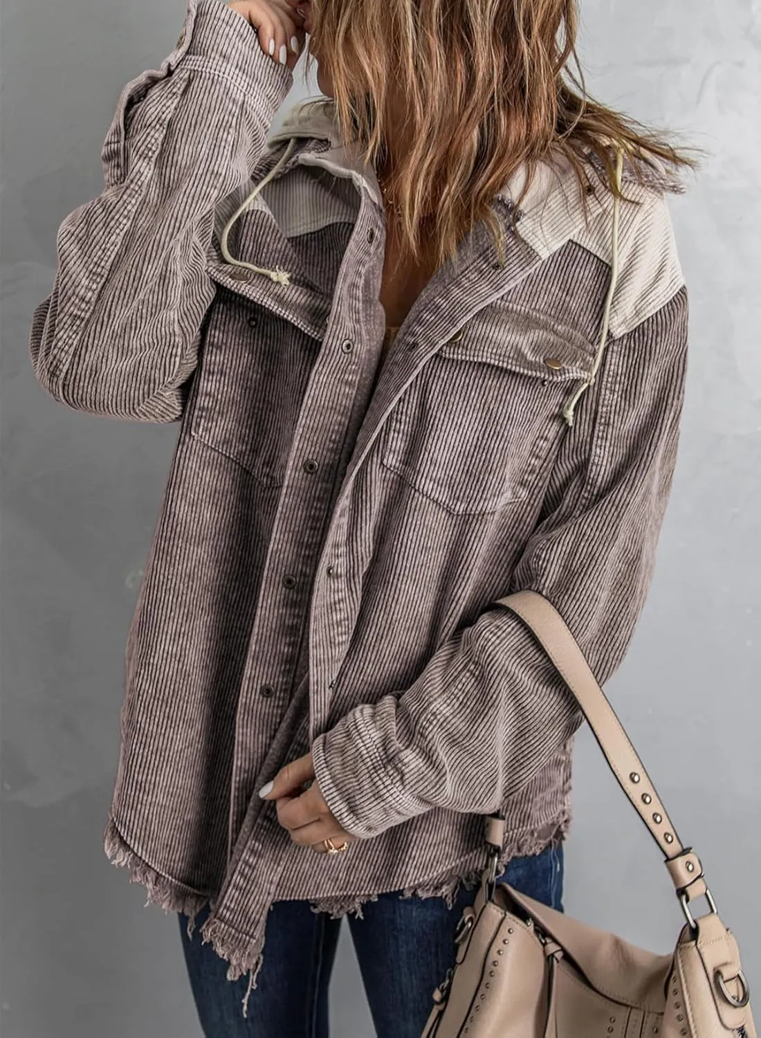 Dokotoo Womens 2024 Fall Corduroy Shacket Jacket Long Sleeve Button Down Color Block Hooded Coat with Pockets