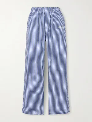 Embroidered striped cotton-poplin pajama pants
