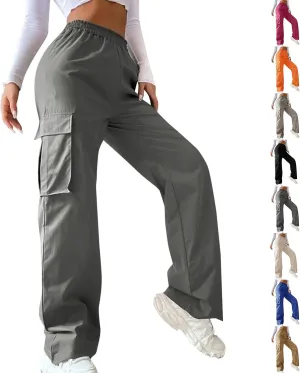 fanmpghleoo Cargo Pants Women Baggy High Waisted Wide Leg Pants Casual Elastic Waist Pull On Carpenter Pants with Pockets