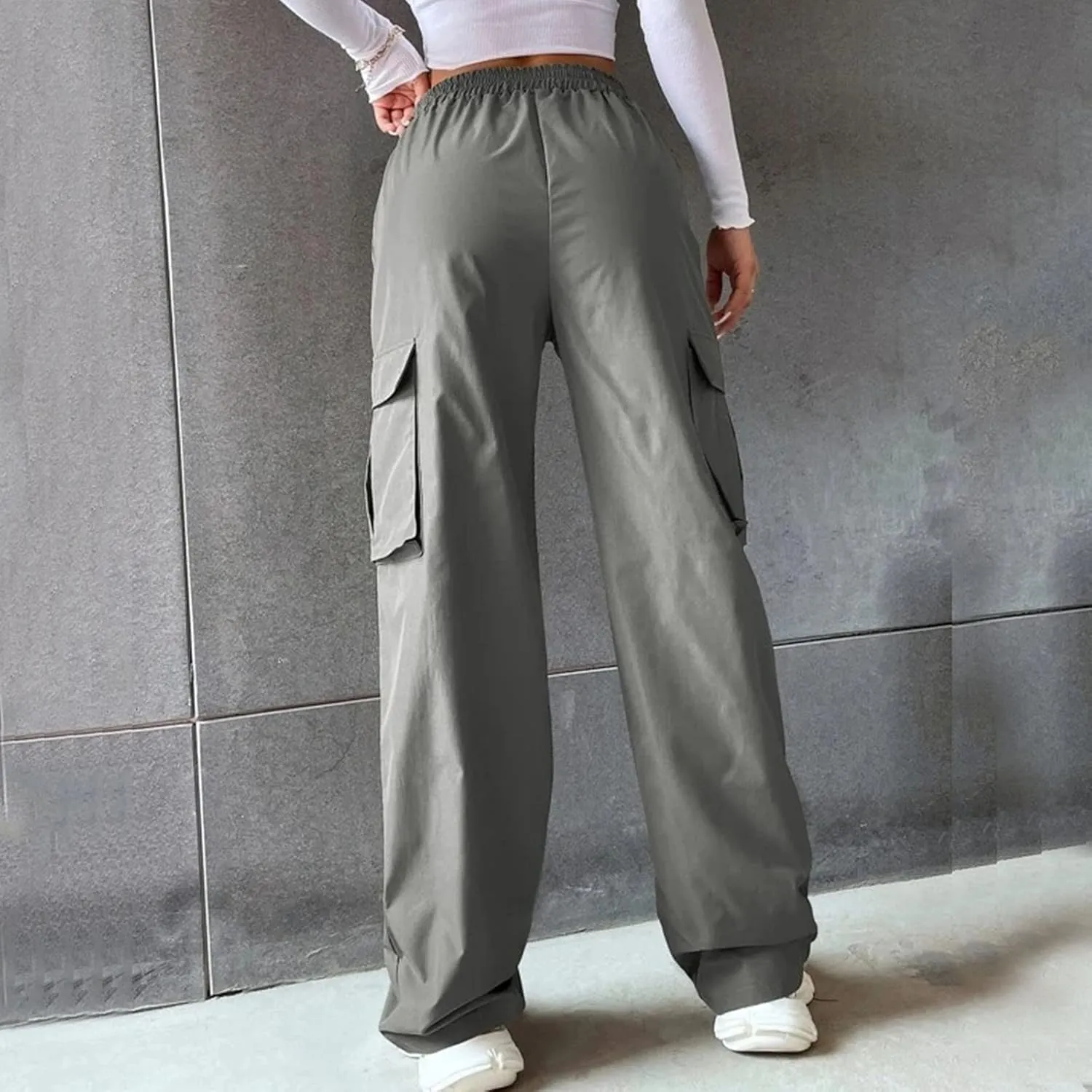 fanmpghleoo Cargo Pants Women Baggy High Waisted Wide Leg Pants Casual Elastic Waist Pull On Carpenter Pants with Pockets