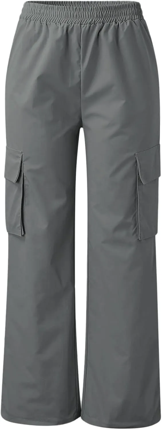 fanmpghleoo Cargo Pants Women Baggy High Waisted Wide Leg Pants Casual Elastic Waist Pull On Carpenter Pants with Pockets