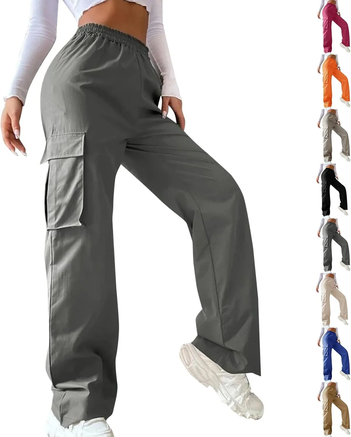 fanmpghleoo Cargo Pants Women Baggy High Waisted Wide Leg Pants Casual Elastic Waist Pull On Carpenter Pants with Pockets