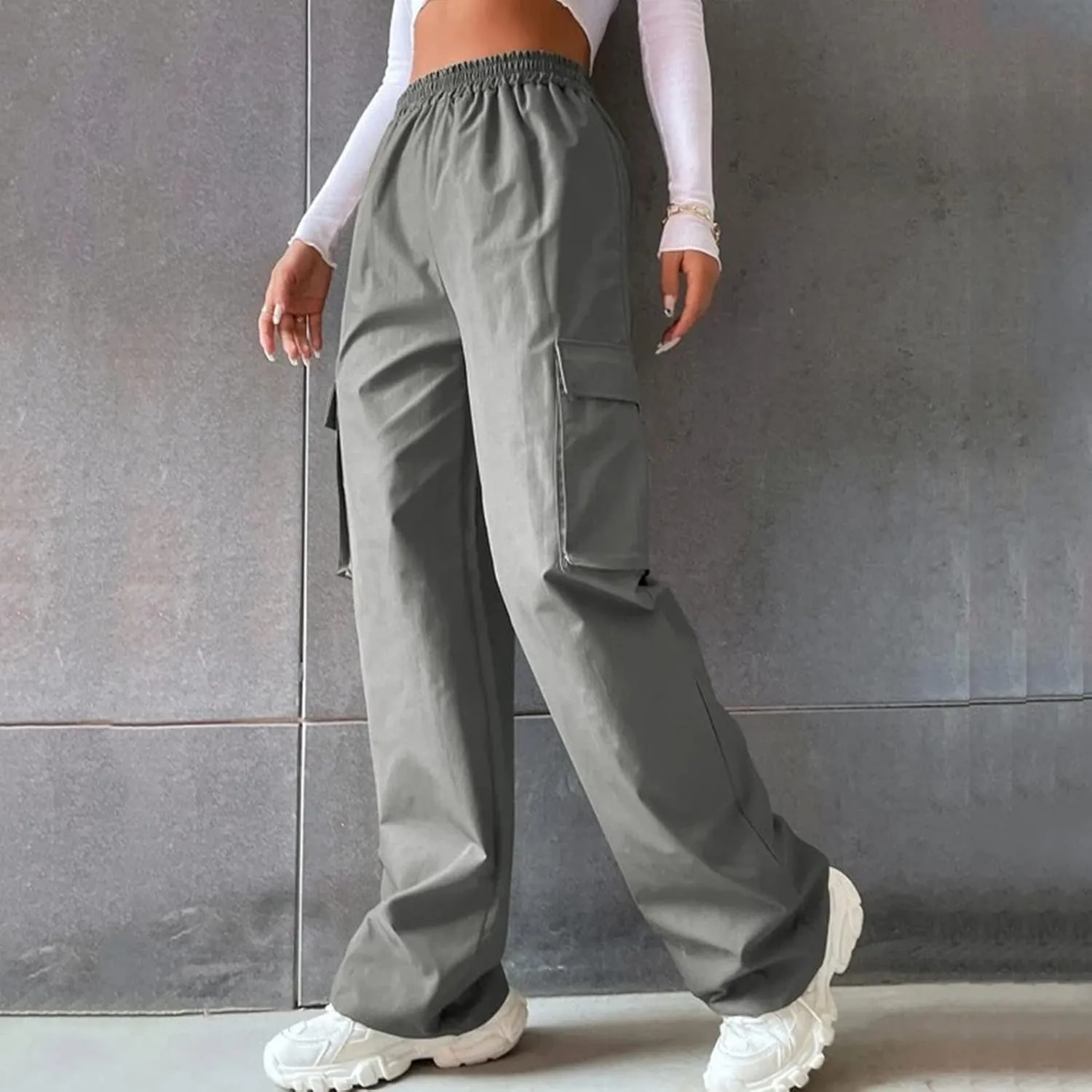 fanmpghleoo Cargo Pants Women Baggy High Waisted Wide Leg Pants Casual Elastic Waist Pull On Carpenter Pants with Pockets