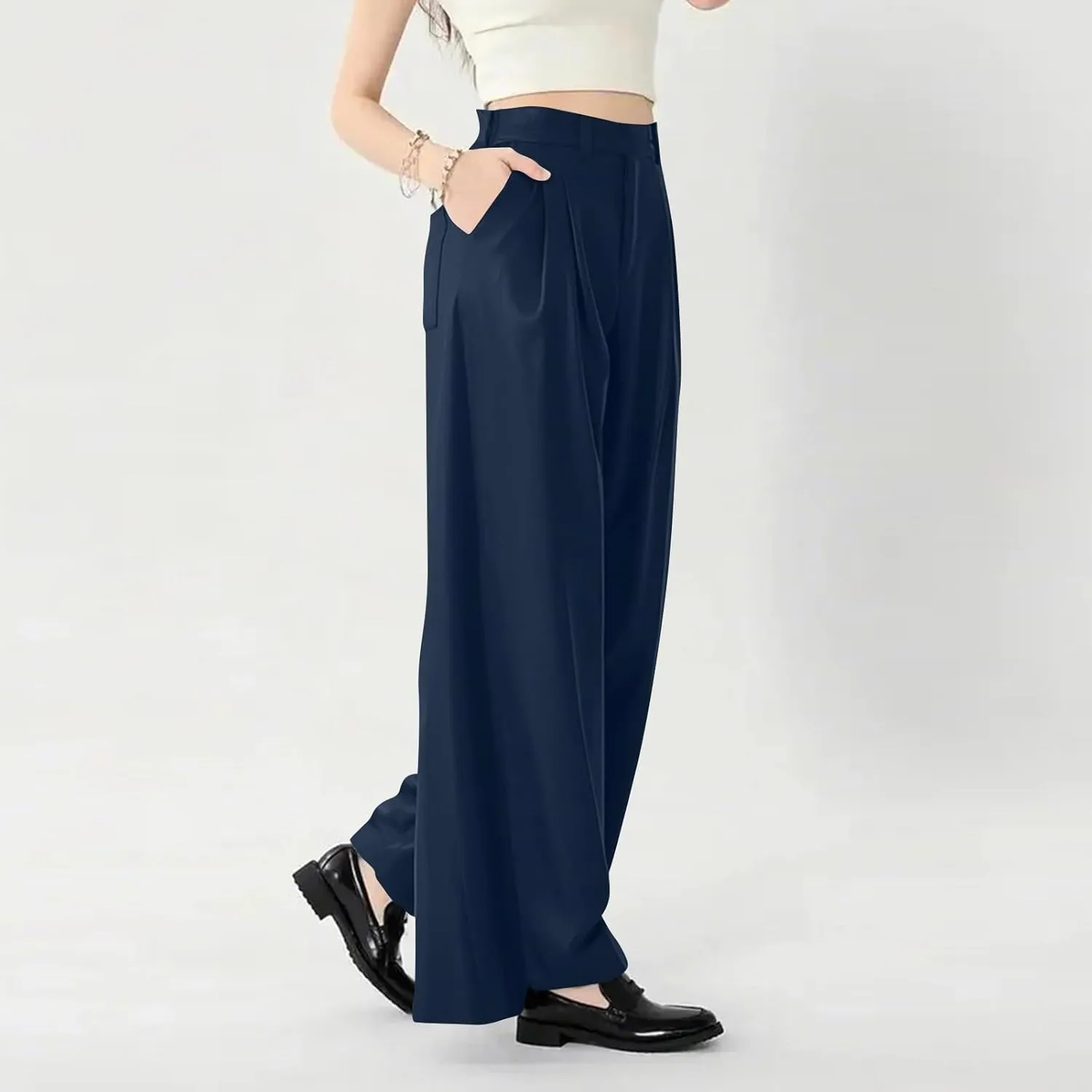 fanmpghleoo Pull On Dress Pants for Women Plus Size Wide Leg Palazzo Pants Dressy Casual Slacks Elastic High Waisted Trousers