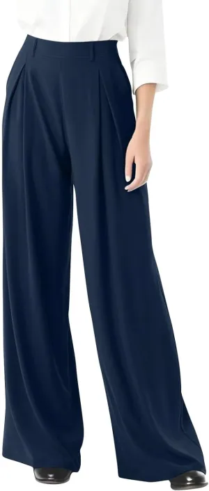 fanmpghleoo Pull On Dress Pants for Women Plus Size Wide Leg Palazzo Pants Dressy Casual Slacks Elastic High Waisted Trousers