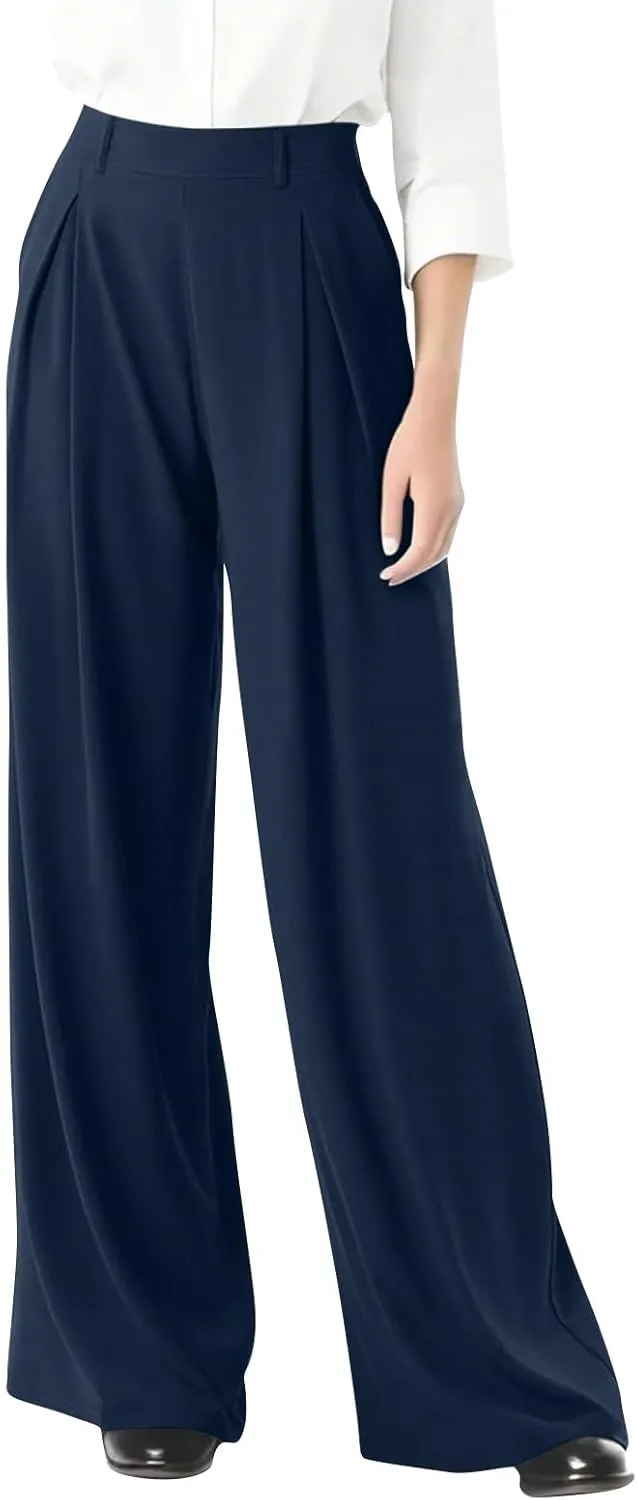 fanmpghleoo Pull On Dress Pants for Women Plus Size Wide Leg Palazzo Pants Dressy Casual Slacks Elastic High Waisted Trousers