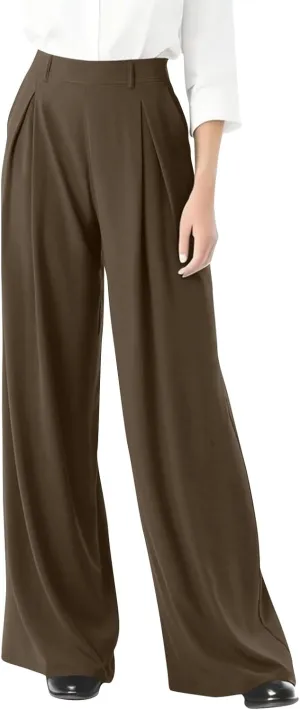 fanmpghleoo Pull On Dress Pants for Women Plus Size Wide Leg Palazzo Pants Dressy Casual Slacks Elastic High Waisted Trousers