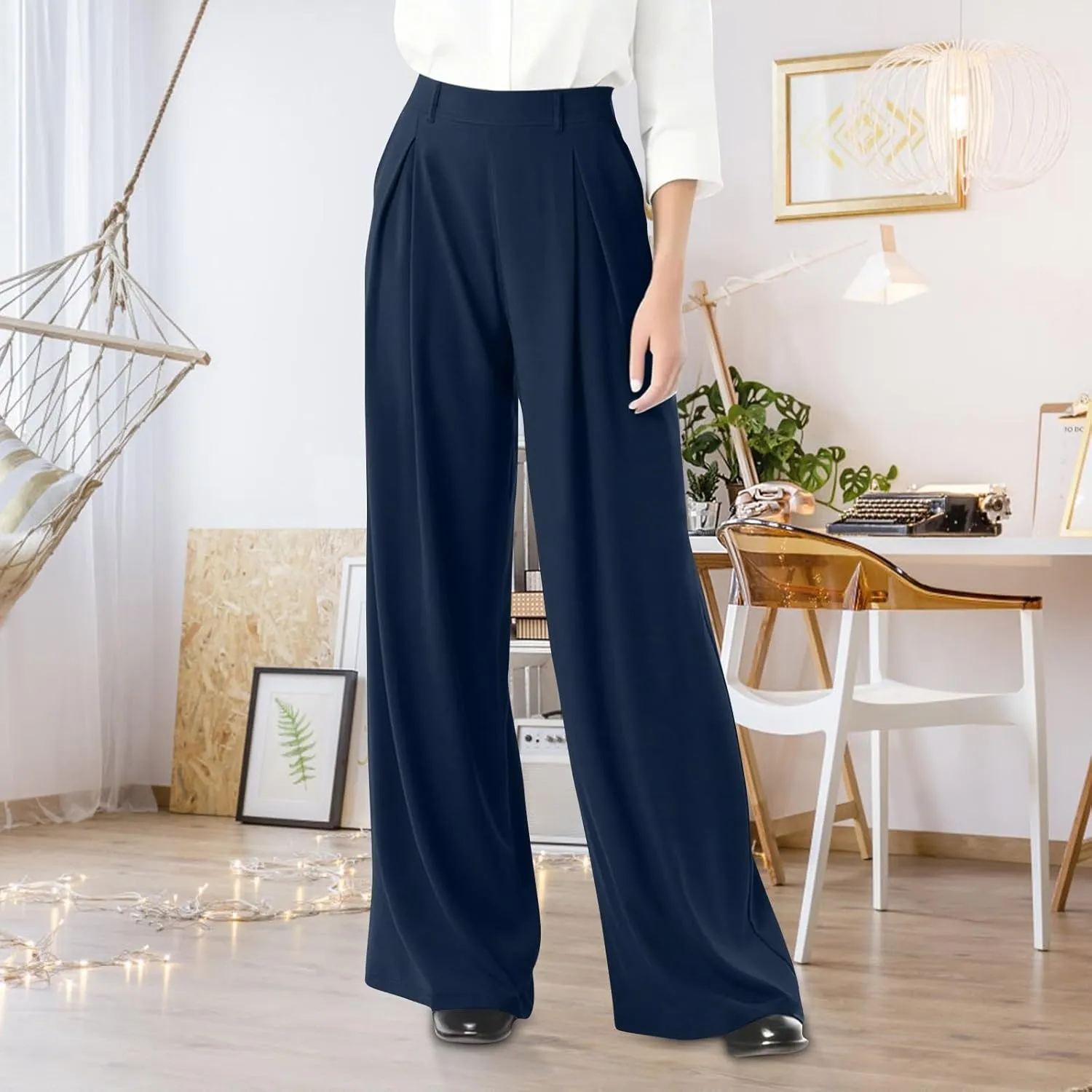 fanmpghleoo Pull On Dress Pants for Women Plus Size Wide Leg Palazzo Pants Dressy Casual Slacks Elastic High Waisted Trousers