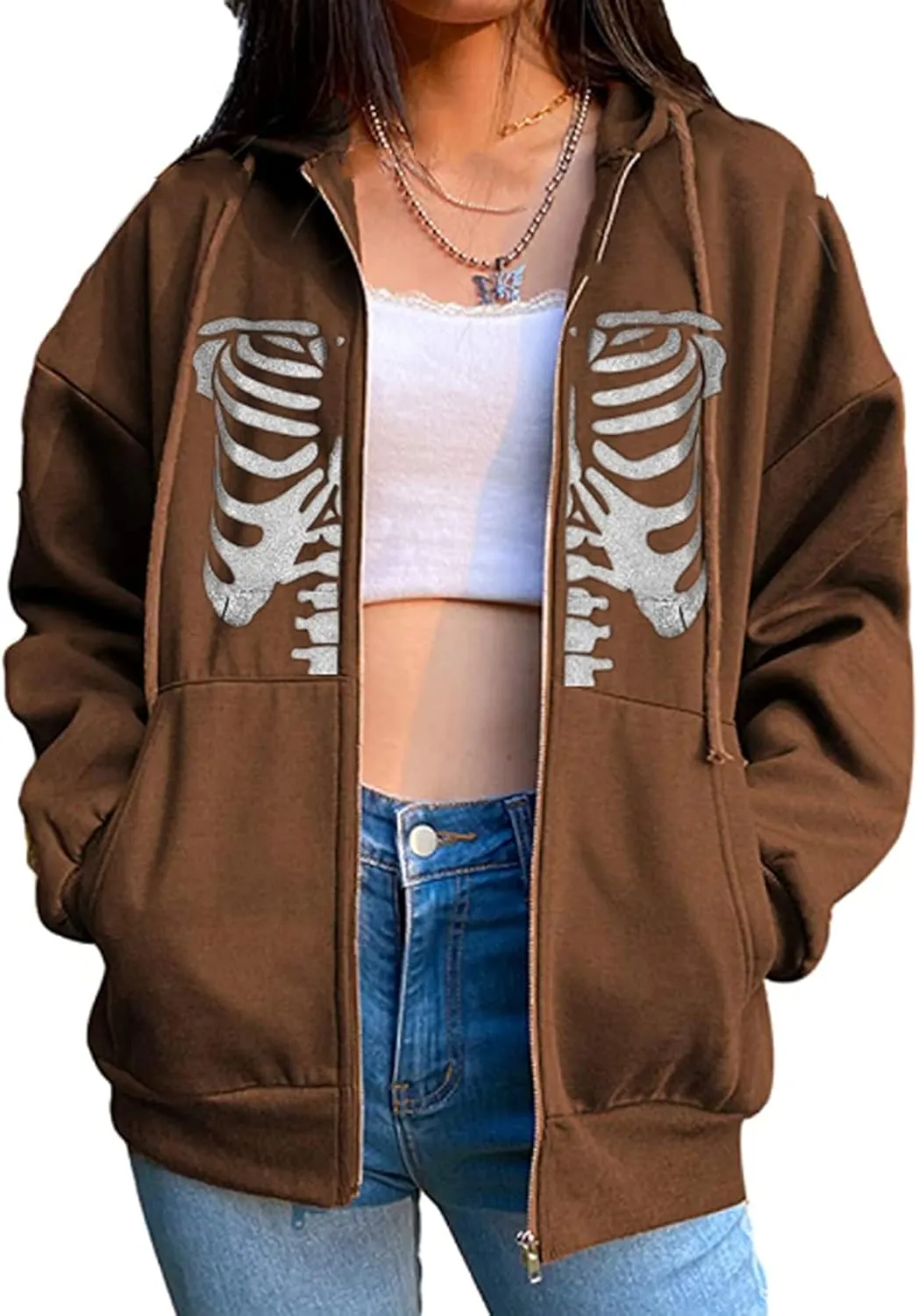 Fanvereka Women's Oversized Zip Up Hoodie Aesthetic Skeleton Print Hooded Sweatshirt Long Sleeve E-Girl Harajuku Jackets Coat