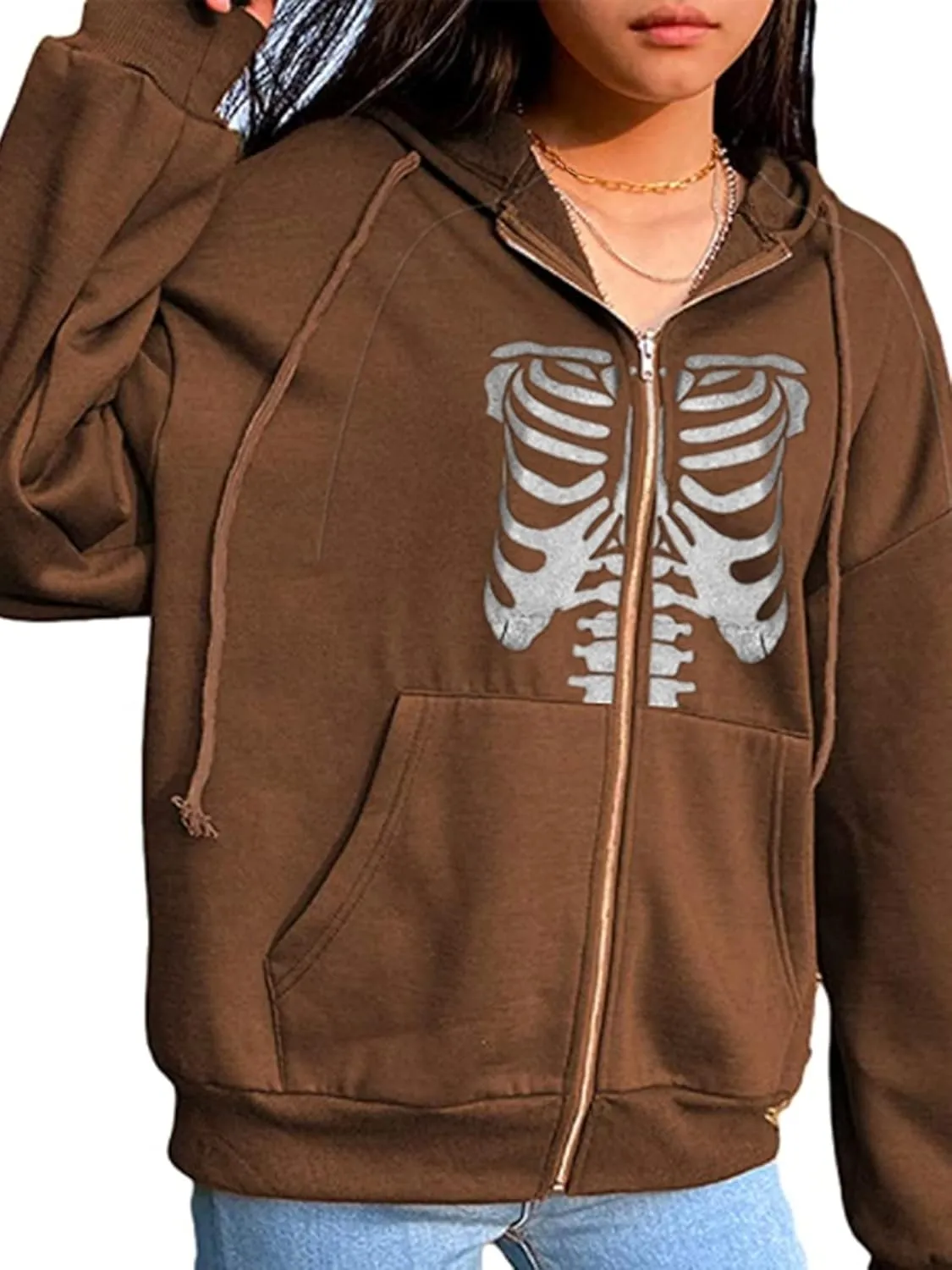 Fanvereka Women's Oversized Zip Up Hoodie Aesthetic Skeleton Print Hooded Sweatshirt Long Sleeve E-Girl Harajuku Jackets Coat