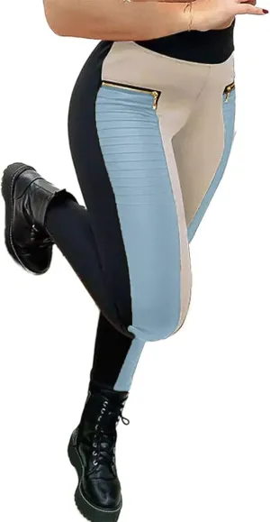 Flamingals Faux Leather Mid Waisted Tummy Control Motorcycle Leggings for Women Stretchy with Pockets Patch Zip