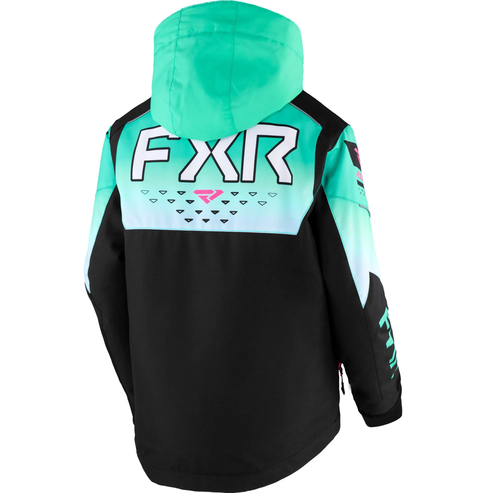 FXR Child Helium Snowmobile Jacket Black/Mint Fade/E Pink Turquoise
