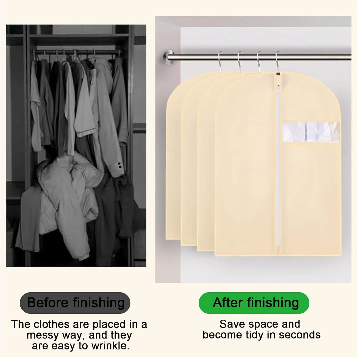 Garment Bag, Clothing Covers for Hanging Clothes, Non-woven Material with Transparent Window, Suitable for Storing Suits, Jackets, Dresses(Beige,60x120cm x47in)