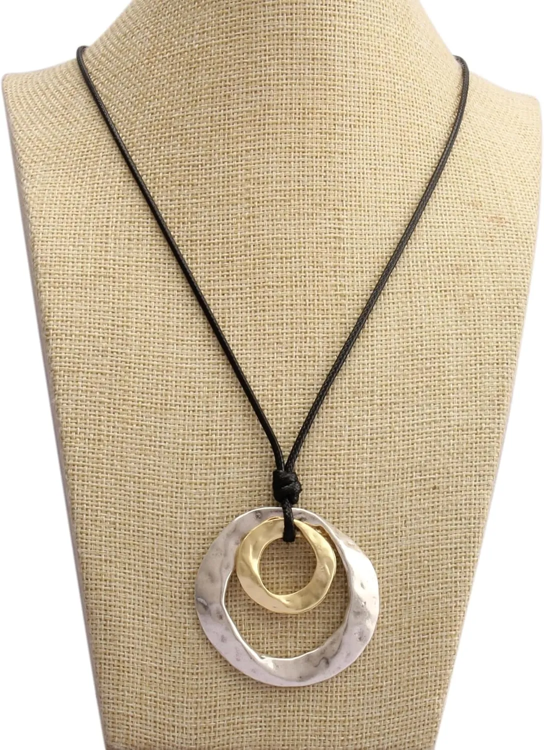 GelConnie Wooden Necklaces for Women Gold Leather Necklace Long Boho Layered Necklace Silver Hippie Choker Necklace Bohemian Jewelry for Women