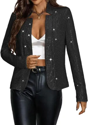 Giovacker Womens Sparkly Sequin Jackets Glitter Open Front Blazer Jacket Long Sleeve Cardigan Coat Rave Disco Party Outfits