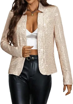 Giovacker Womens Sparkly Sequin Jackets Glitter Open Front Blazer Jacket Long Sleeve Cardigan Coat Rave Disco Party Outfits