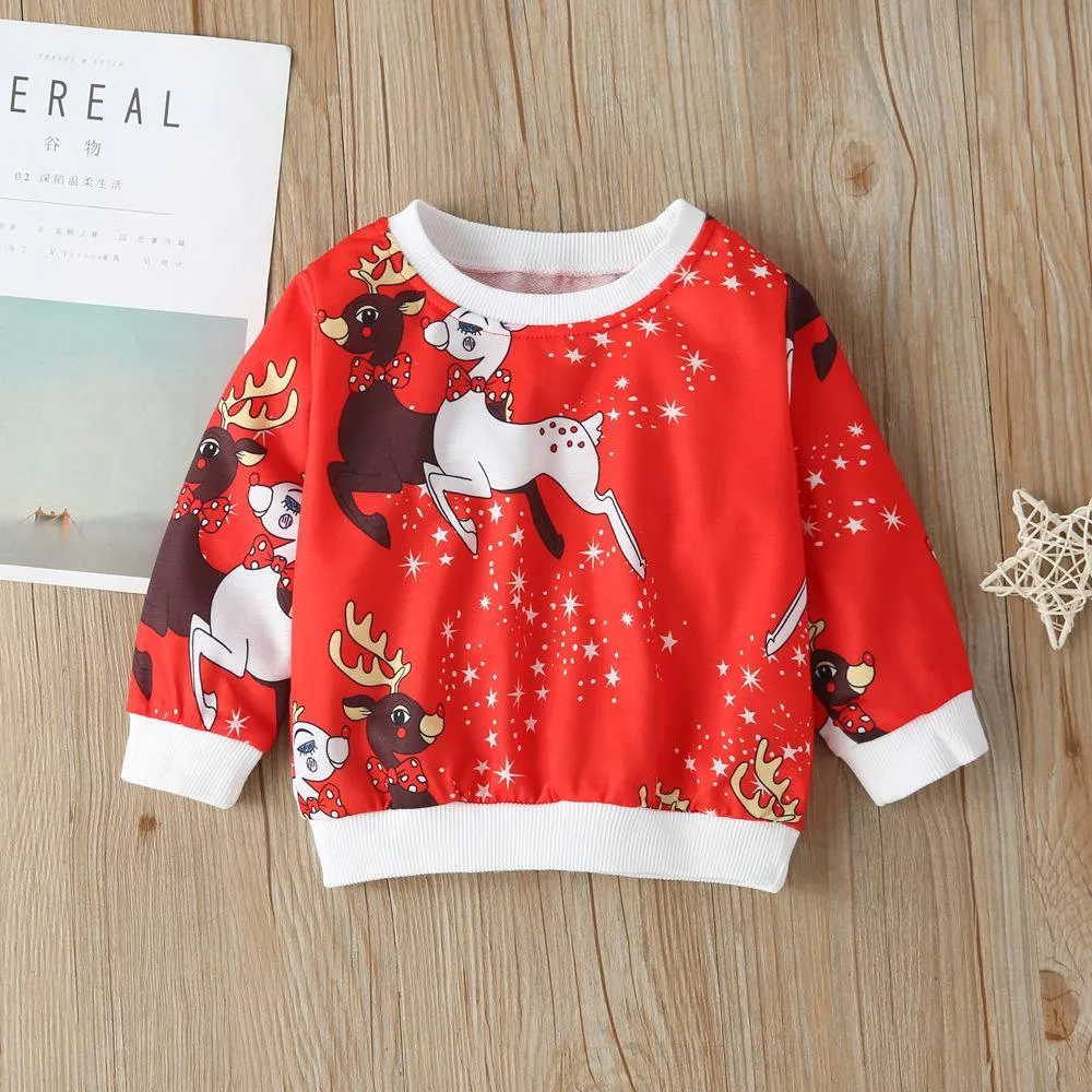 Girls Elk Animal Printed Long Sleeve Tops