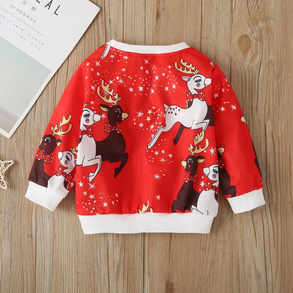 Girls Elk Animal Printed Long Sleeve Tops