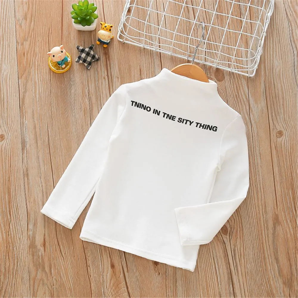 Girls High Collar Letter Print Solid Tops