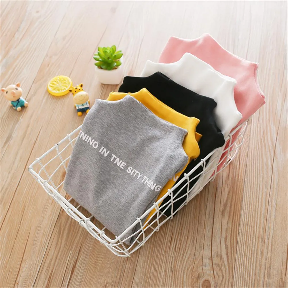 Girls High Collar Letter Print Solid Tops