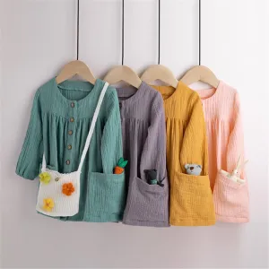 Girls Pocket Solid Long Sleeve Tops