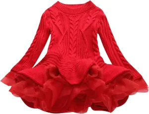 Girls Ribbed Knit Sweaters Dress Long Sleeve Vintage Cable Mini Dress Lace Patchwork Multi Swing Princess Dresses