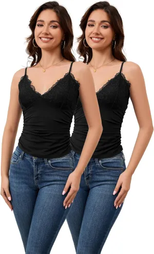 H HIAMIGOS Camisole Tops for Women V Neck Lace Undershirt, Soft Cotton Spaghetti Strap Cami for Ladies Pack of 2
