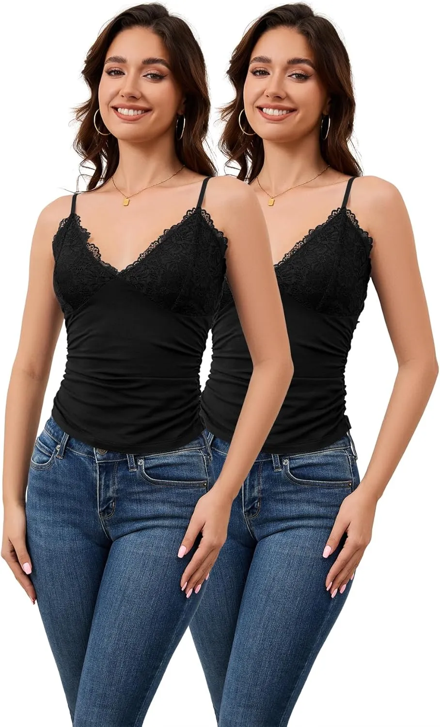 H HIAMIGOS Camisole Tops for Women V Neck Lace Undershirt, Soft Cotton Spaghetti Strap Cami for Ladies Pack of 2