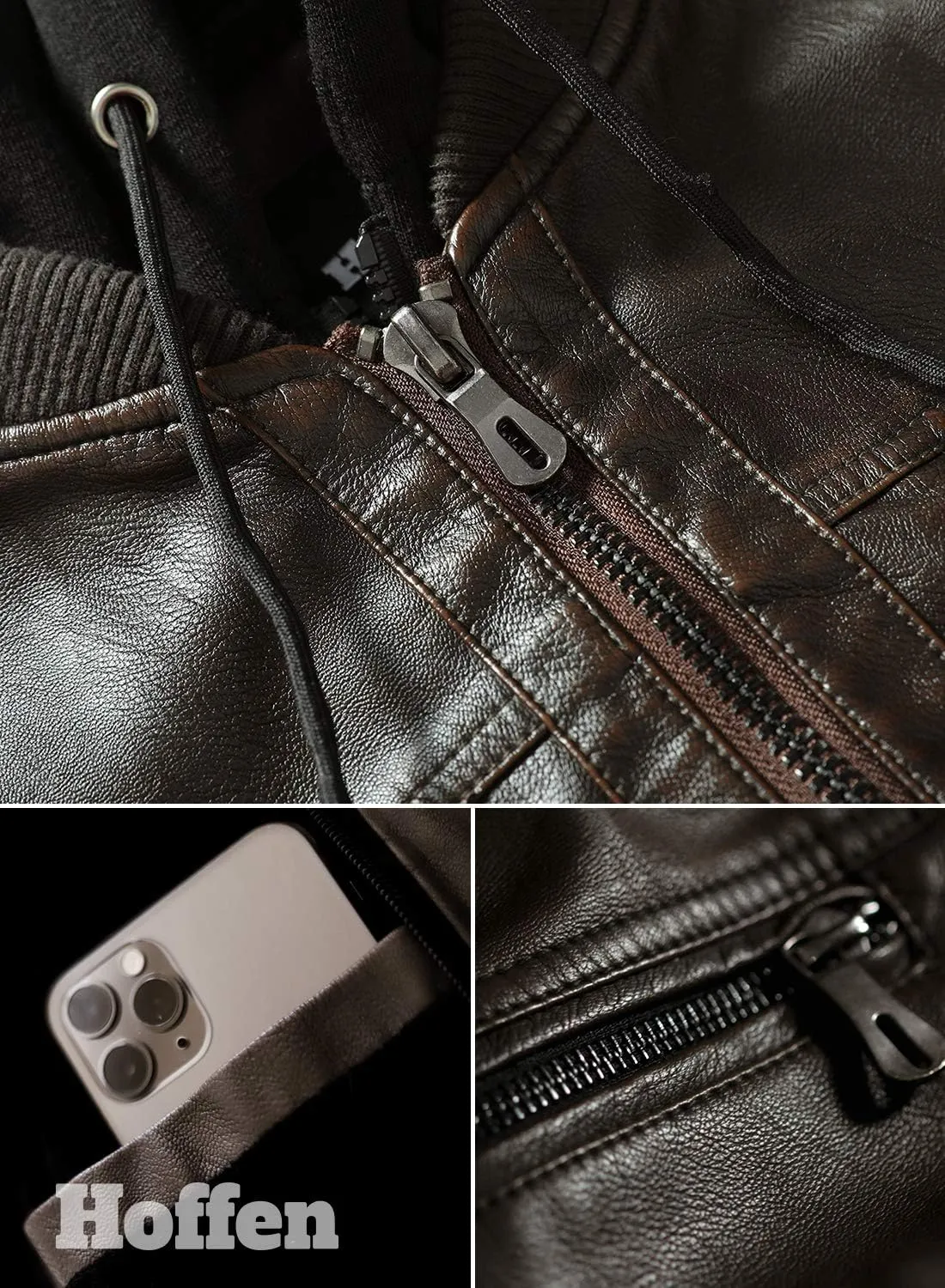 Hoffen Premium Vegan Leather Jacket for Men's with Detachable Hood - Classy Model