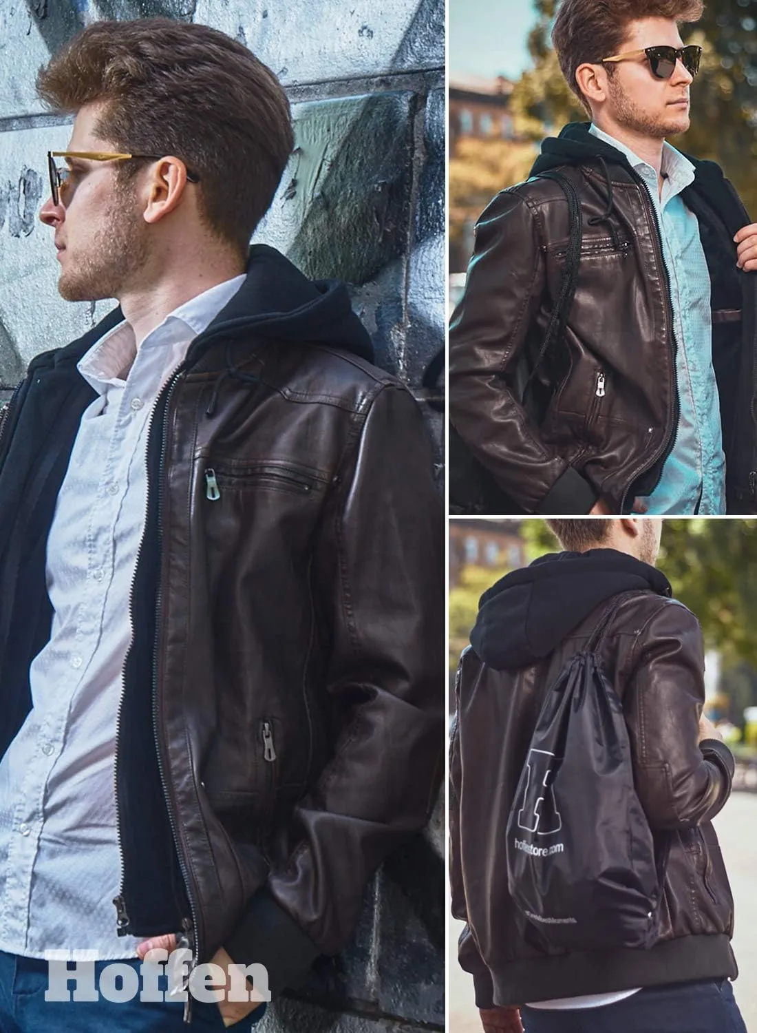 Hoffen Premium Vegan Leather Jacket for Men's with Detachable Hood - Classy Model