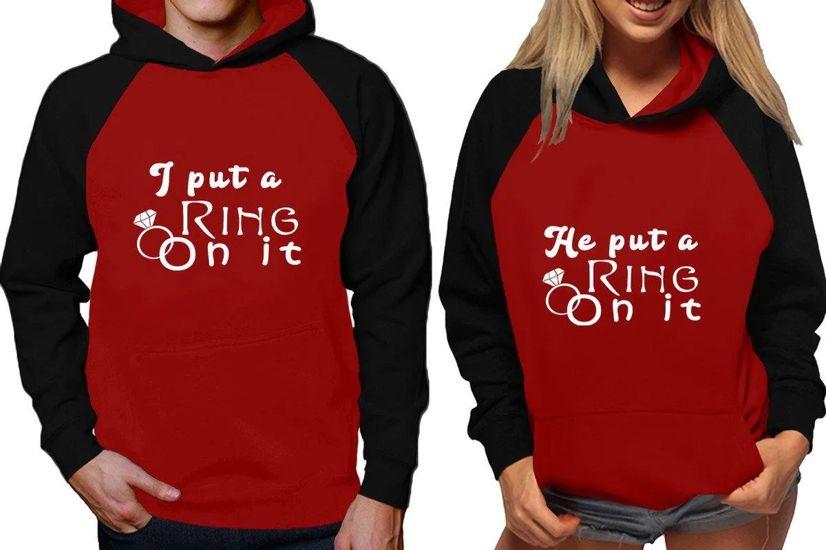 I Put a Ring On It & He Put a Ring On It Couple Matching Raglan Hoodies – Comfortable Unisex Pullover | Sold Separately in Sizes & Colors