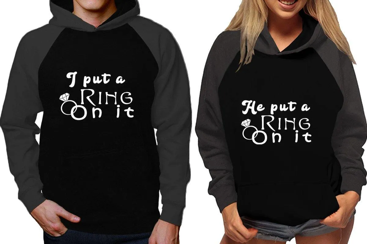 I Put a Ring On It & He Put a Ring On It Couple Matching Raglan Hoodies – Comfortable Unisex Pullover | Sold Separately in Sizes & Colors