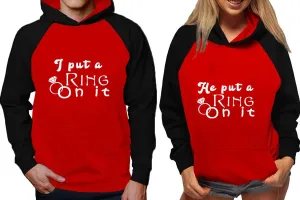 I Put a Ring On It & He Put a Ring On It Couple Matching Raglan Hoodies – Comfortable Unisex Pullover | Sold Separately in Sizes & Colors