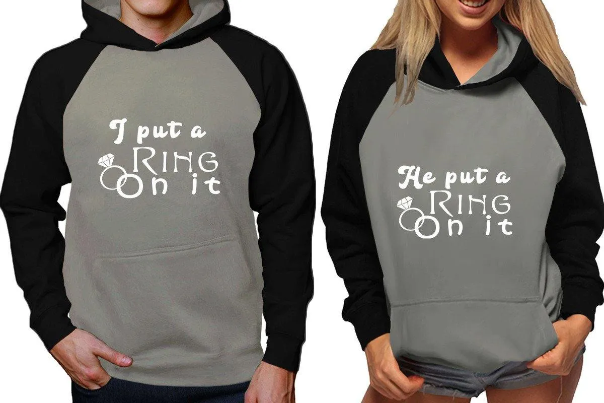 I Put a Ring On It & He Put a Ring On It Couple Matching Raglan Hoodies – Comfortable Unisex Pullover | Sold Separately in Sizes & Colors
