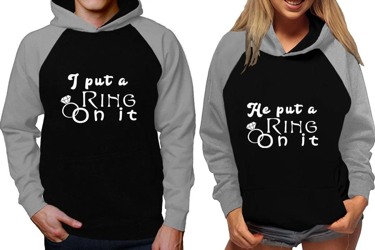 I Put a Ring On It & He Put a Ring On It Couple Matching Raglan Hoodies – Comfortable Unisex Pullover | Sold Separately in Sizes & Colors