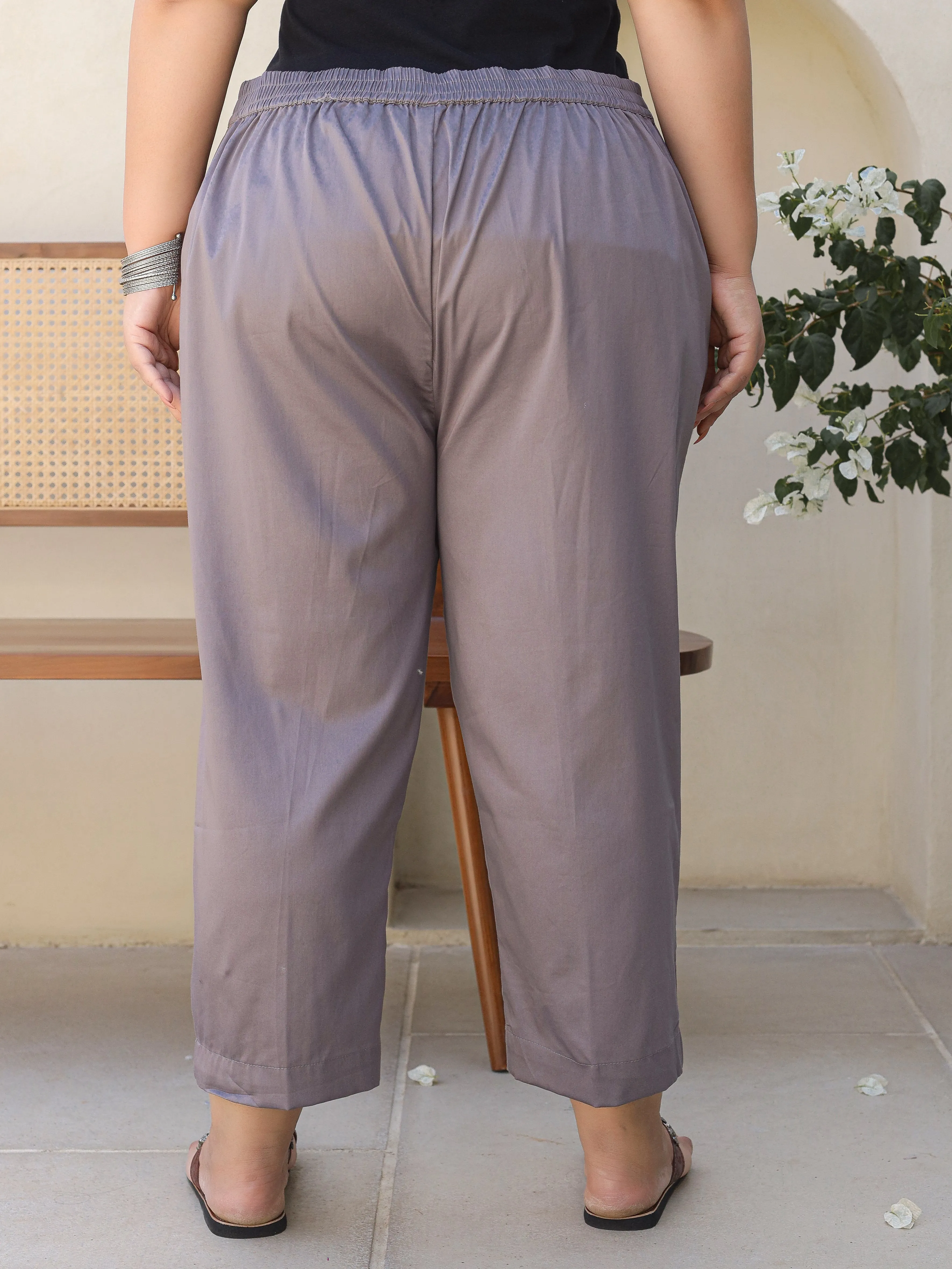 Jashvi Grey Solid Lycra Women Drawstring Plus Size Pants With Single Side Pocket
