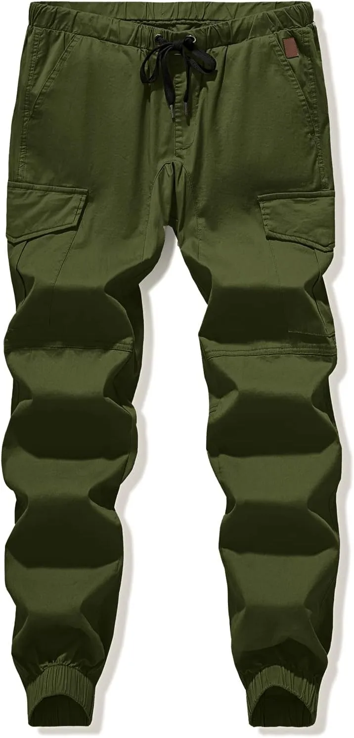 JMIERR Mens Fashion Cargo Pants - Casual Cotton Tapered Stretch Twill Drawstring Athletic Joggers Sweatpants with 6 Pockets