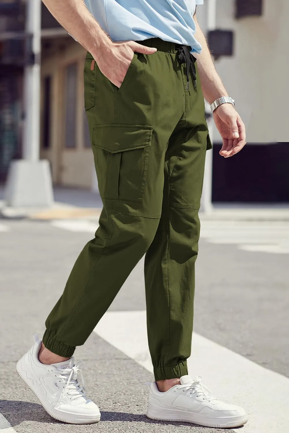 JMIERR Mens Fashion Cargo Pants - Casual Cotton Tapered Stretch Twill Drawstring Athletic Joggers Sweatpants with 6 Pockets