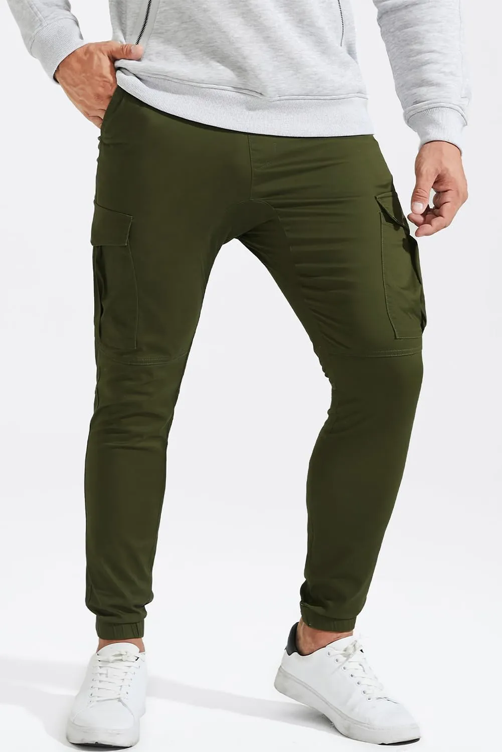 JMIERR Mens Fashion Cargo Pants - Casual Cotton Tapered Stretch Twill Drawstring Athletic Joggers Sweatpants with 6 Pockets