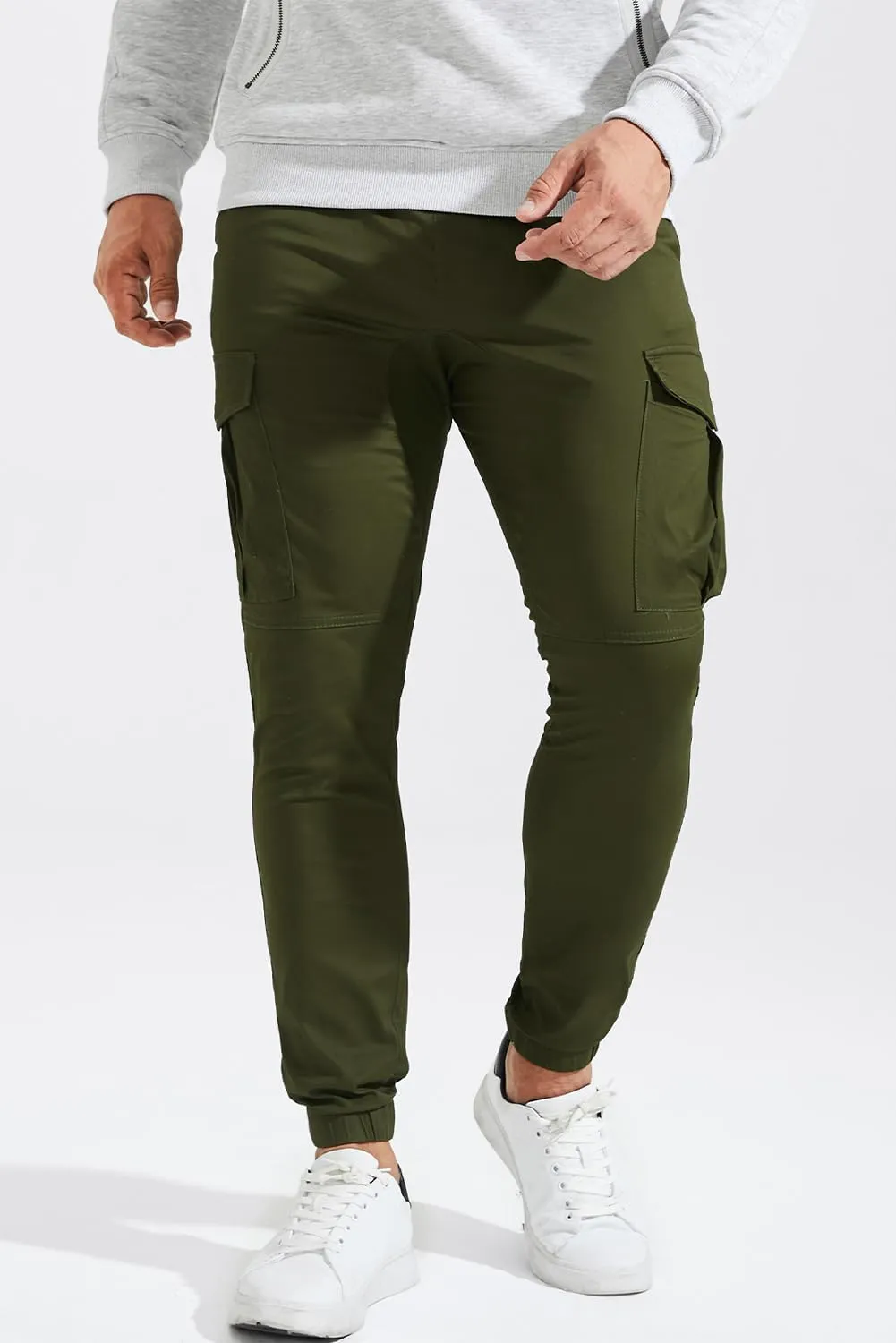 JMIERR Mens Fashion Cargo Pants - Casual Cotton Tapered Stretch Twill Drawstring Athletic Joggers Sweatpants with 6 Pockets