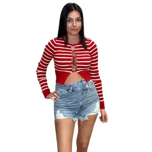 Keyhole Striped Button Cardigan