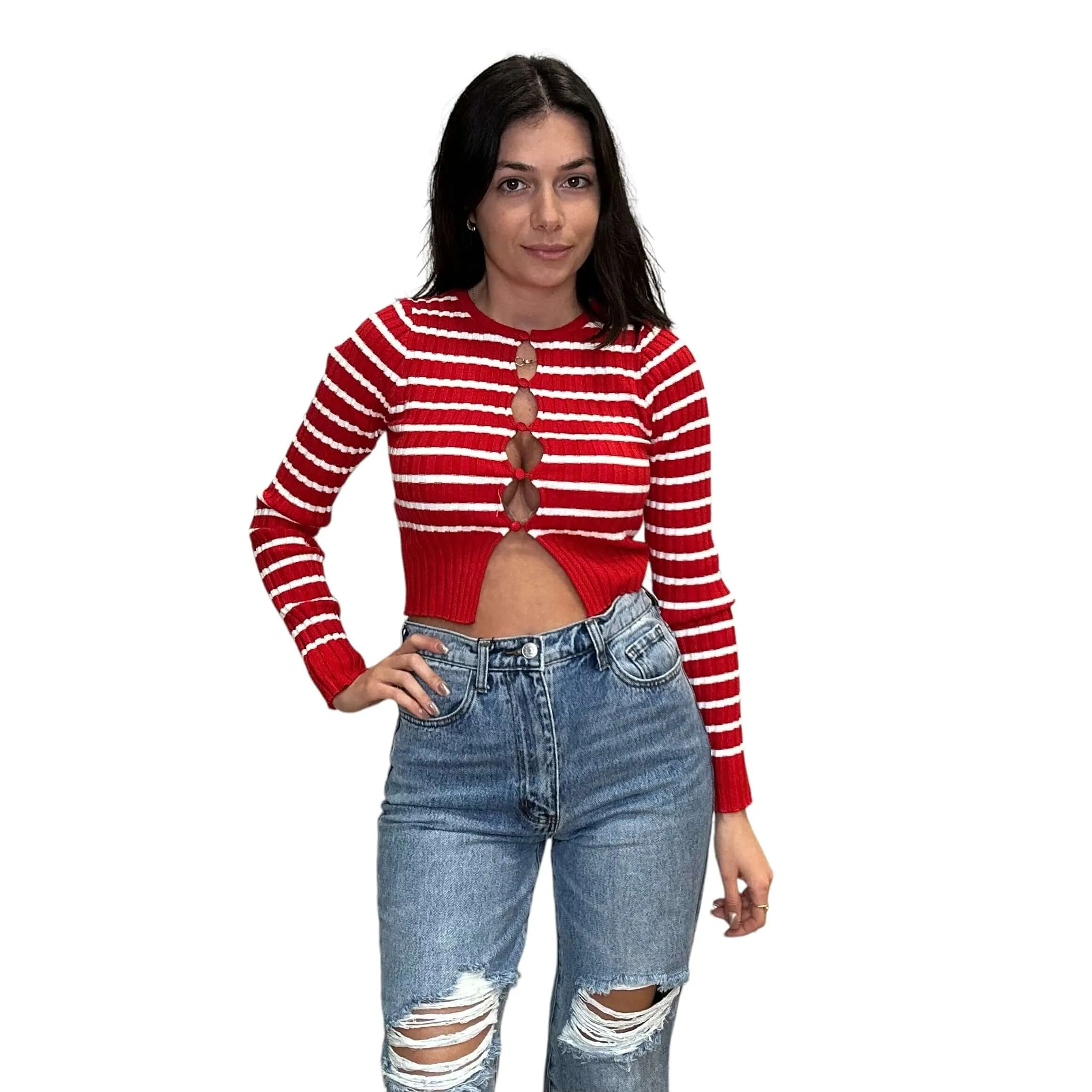 Keyhole Striped Button Cardigan