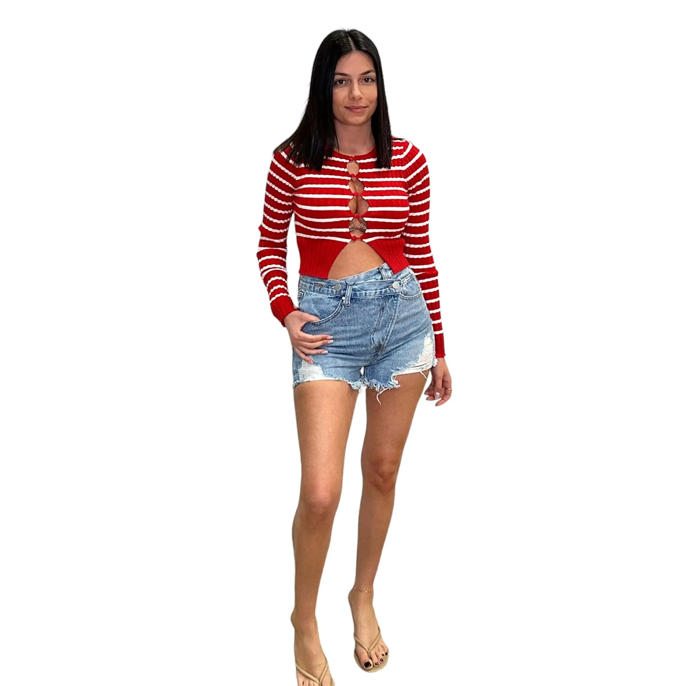 Keyhole Striped Button Cardigan
