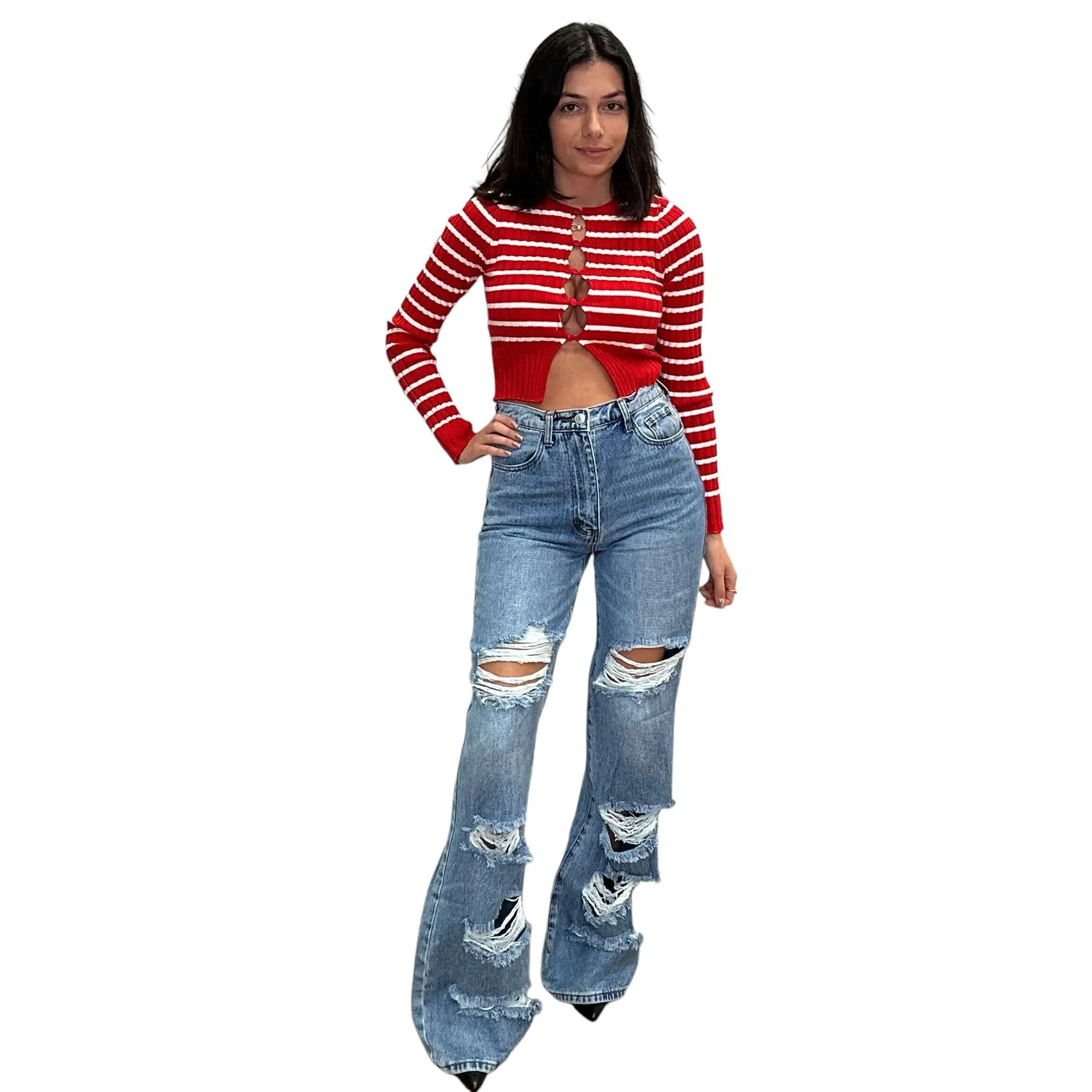 Keyhole Striped Button Cardigan