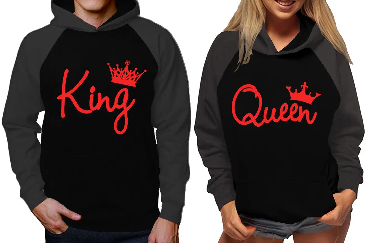 King and Queen Couples Raglan Hoodies in Charcoal & Black – Stylish Pullover Design | Sold Separately for Men & Women