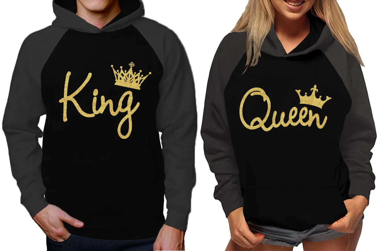 King and Queen Couples Raglan Hoodies in Charcoal & Black – Stylish Pullover Design | Sold Separately for Men & Women