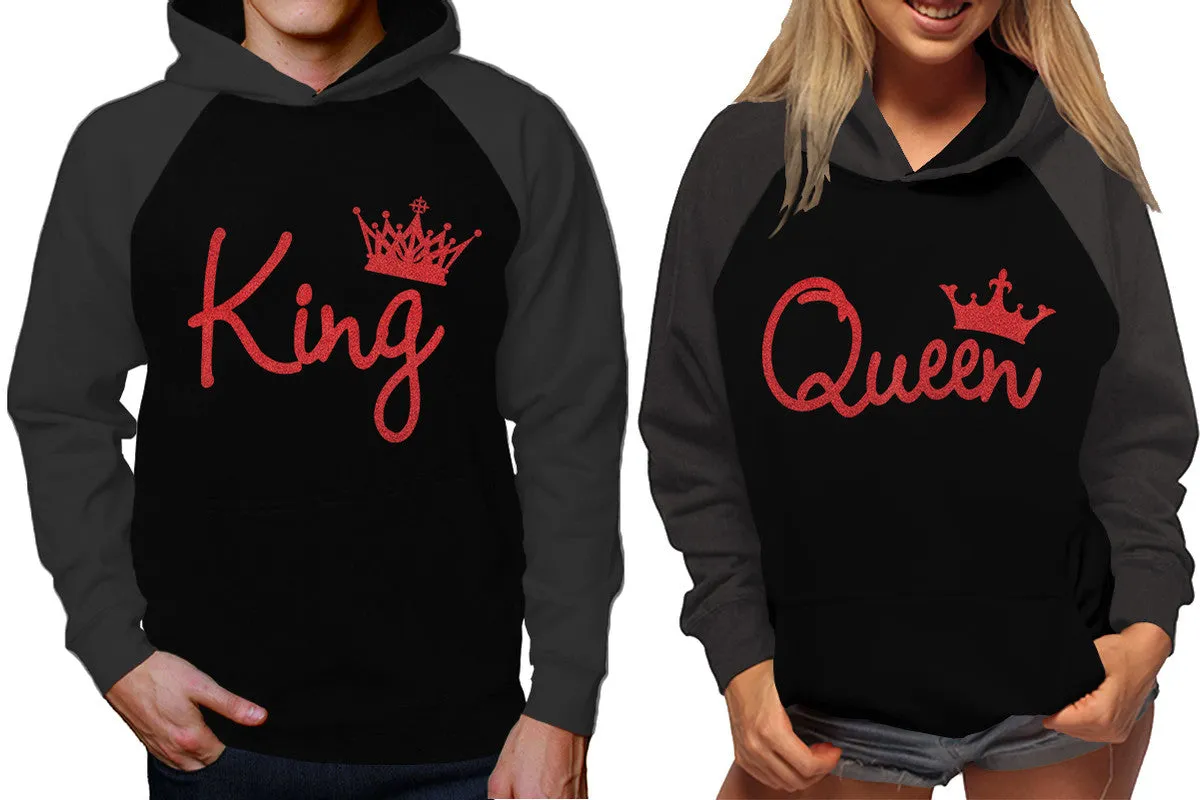 King and Queen Couples Raglan Hoodies in Charcoal & Black – Stylish Pullover Design | Sold Separately for Men & Women