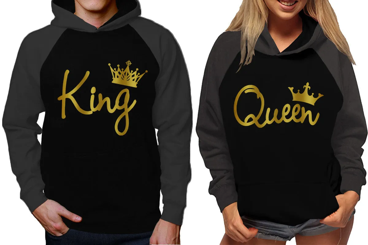 King and Queen Couples Raglan Hoodies in Charcoal & Black – Stylish Pullover Design | Sold Separately for Men & Women