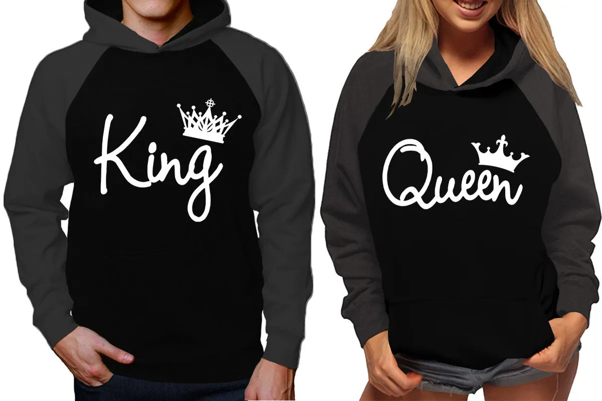 King and Queen Couples Raglan Hoodies in Charcoal & Black – Stylish Pullover Design | Sold Separately for Men & Women