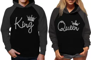 King and Queen Couples Raglan Hoodies in Charcoal & Black – Stylish Pullover Design | Sold Separately for Men & Women